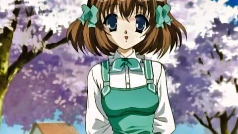 Cute young hentai girl with twin ponytails in green dress blushing under cherry blossoms