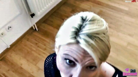 POV of blonde MILF with small perky tits in sheer mesh top staring hungrily up at you