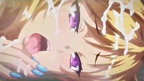 Hentai blonde girl with purple eyes gets messy facial cumshot dripping on tongue and face
