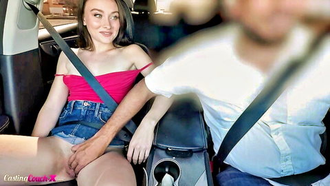 Veronica exposed in car, fingering by partner in CastingCouchX scene