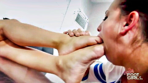 Cheerleader's sweaty bare feet pressed into worshipper's mouth POV