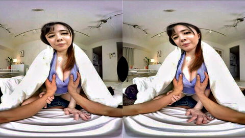 POV hands groping huge tits of sexy long-haired Asian babe wrapped in white towel on bed