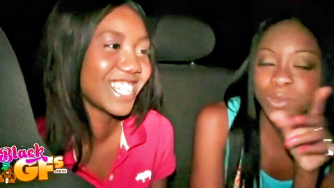 Nina Devon and black friend smiling in car, amateur threesome preview