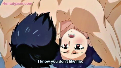 Hentai anime sister with wide eyes under brother in explicit oral pose, smiling expression