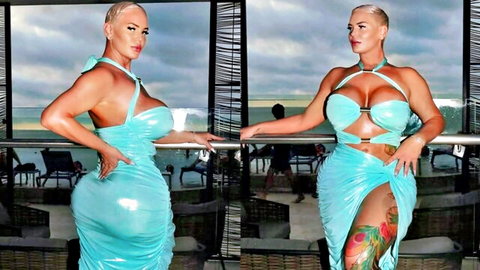 Kaden Kole curvy blonde stepmom in shiny cyan dress posing seductively
