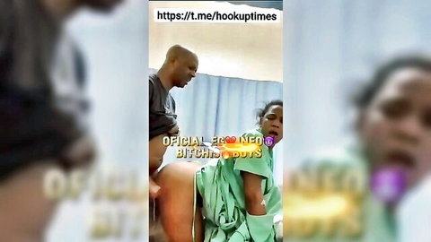 Ebony guy fucks thick black babe doggystyle bent over in open hospital gown exposing ass and pussy