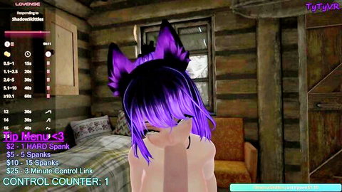Shy nude purple-haired neko girl covering face with hands during VR spanking session