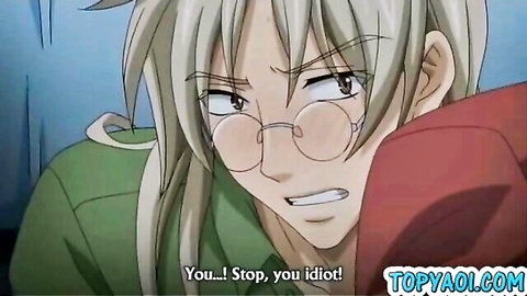 Angry anime boy with glasses and long hair yells 'Stop you idiot' in intense yaoi scene