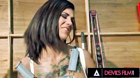 Tattooed brunette in sexy overalls, Devils Film lesbian gangbang scene