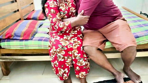 Sri Lankan chubby guy embraces 48+ BBW MILF in red floral dress