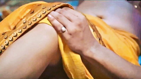 Hot Indian stepmom in yellow saree touched intimately on thigh