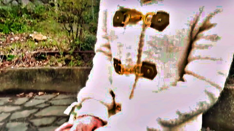 Close-up of white toggle coat with gold buttons on outdoor stone path amid greenery