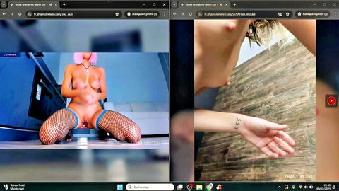 Pink-haired webcam babe spreads legs wide topless in fishnet stockings showing tits and pussy