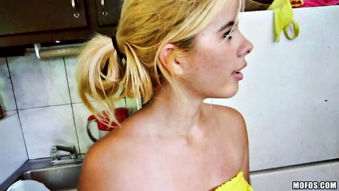 Blonde Sam Summers topless profile tease in kitchen scene