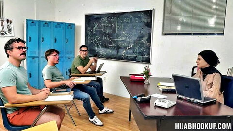 Ruby Moon in hijab with three guys in study group hookup