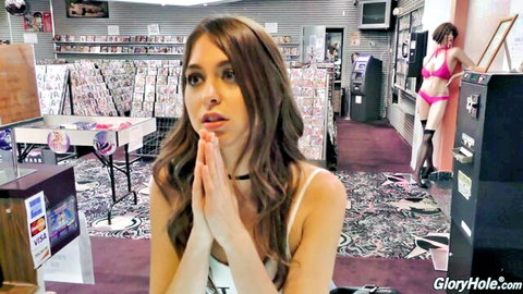 Riley Reid praying pose in adult store, gloryhole theme