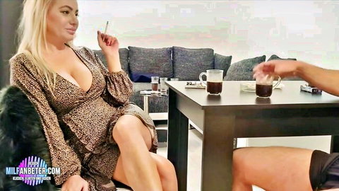 Blonde MILF in low-cut dress seduces guy over coffee, deep cleavage tease