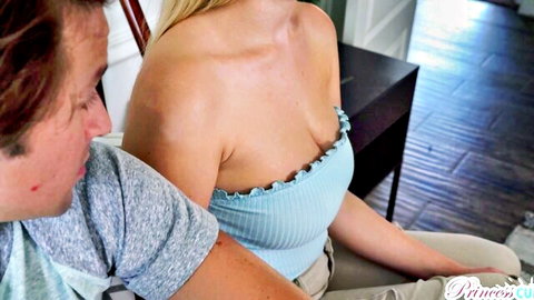 Blake Blossom teasing with deep cleavage in blue top, Jay leaning in close