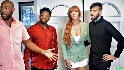 Lauren Phillips in cuckold session with two black men and partner, redhead in blazer