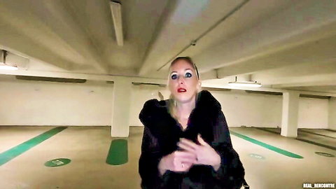 Blonde hotwife in fur coat, shocked expression in cheating cellar scene