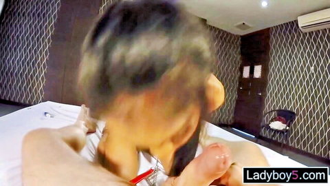 Thai ladyboy POV blowjob and tied-up anal doggy with locked cock