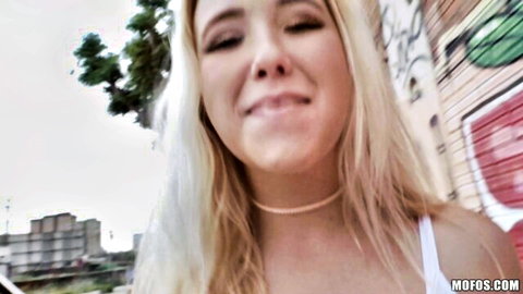 Samantha Rone blonde smiling in public pickup POV blowjob scene