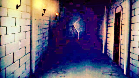 Anime hentai thumbnail: shadowy horse man nears tied warrior girl in dark hall