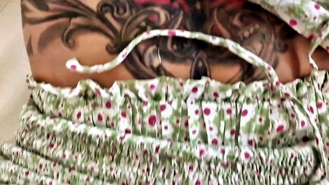 Tattooed busty step-mom in ruffled green panties with navel piercing