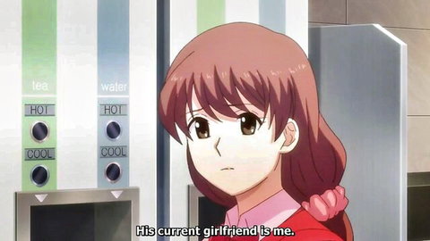 Anime office girl pouts by vending machine, claims she's boss's girlfriend in romantic hentai