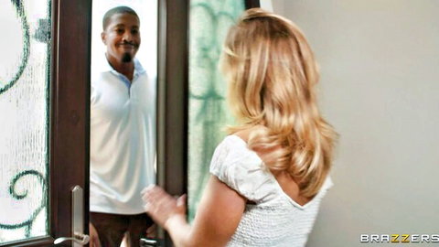 Blonde Bonnie welcomes handsome Isiah at door in sexy white top