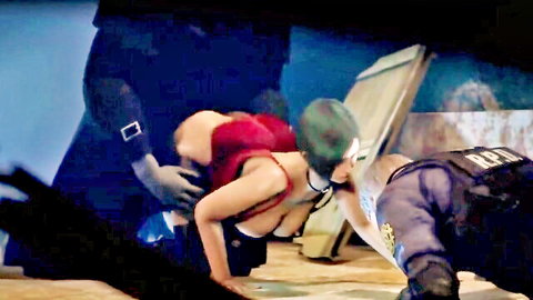 Cartoon slut in red lingerie bent over for riot police gangbang in hentai xxx