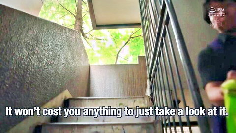 Ayase Kokoro in casual top walks up outdoor stairs, teasing glance back, JAV big tits tease