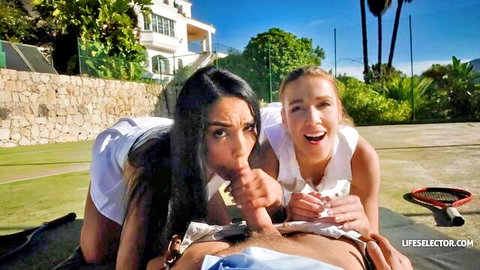 Alexis Crystal and Black Angel in tennis outfits giving outdoor blowjob to man