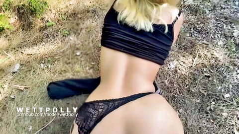 Wett Polly blonde in black lace lingerie, big ass tease outdoors