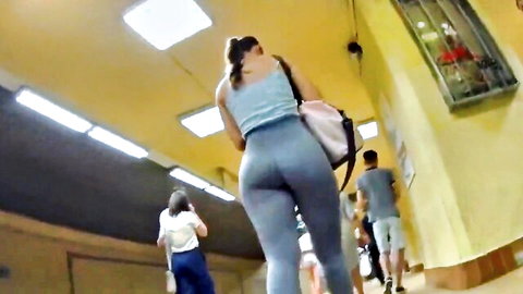 Latina teen walking in public with big ass in tight blue leggings