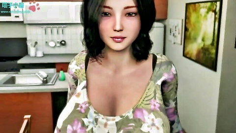 Miss Taeko busty Asian wife in low-cut floral dress