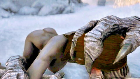 Nude woman bent over in fantasy snow with dragon claw gripping staff