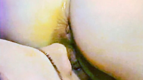 Blonde mature amateur's shaved pussy and ass in hardcore anal close-up