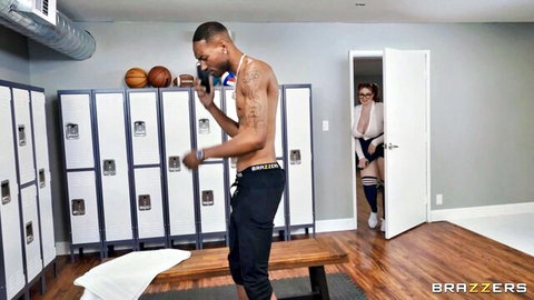 Shy schoolgirl spies on muscular black football stud in locker room