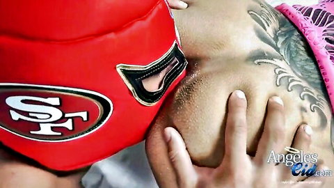 Transgender with fat cock in red 49ers hat fucks guy's mouth and ass, Brazzers