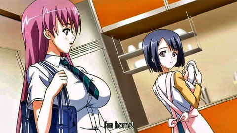 Anime busty pink-haired schoolgirl greeted by blue-haired housewife in apron