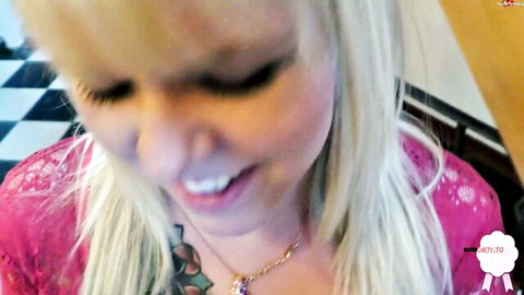 LunaaLove blonde smiling with cum on lips in pink lace top