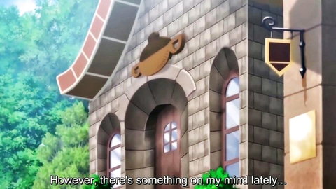 Hentai witch's stone house exterior with arched windows and pot roof