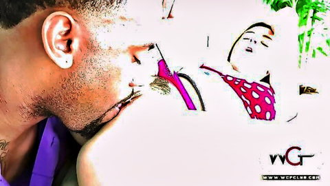Bearded black man close to unconscious Asian woman in polka-dot bikini