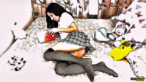 Petite Asian schoolgirl in plaid skirt and stockings reading book on bed