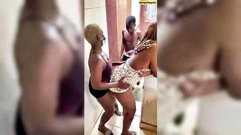 Ebony threesome with curvy black women in explicit lifting sex pose