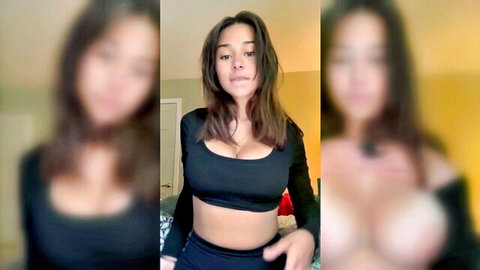 Sexy Latina teen in black crop top teasing cleavage