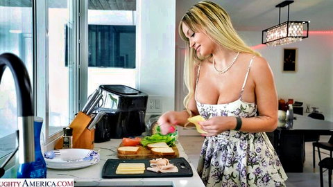 Katalina Kyle blonde MILF in sexy floral dress making sandwich