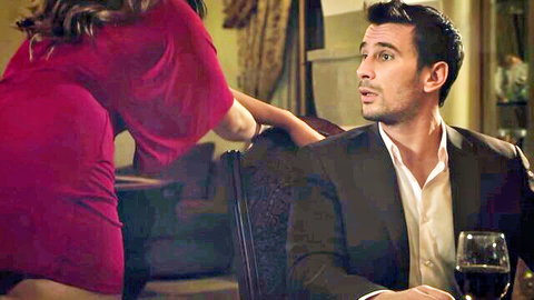 Paige Turnah in red dress seducing suited man at dinner
