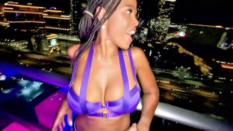 Raven Swallowz in sexy purple lingerie on Vegas balcony POV